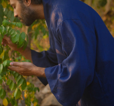 Blue Japanese Samue-inspired Linen Shirt